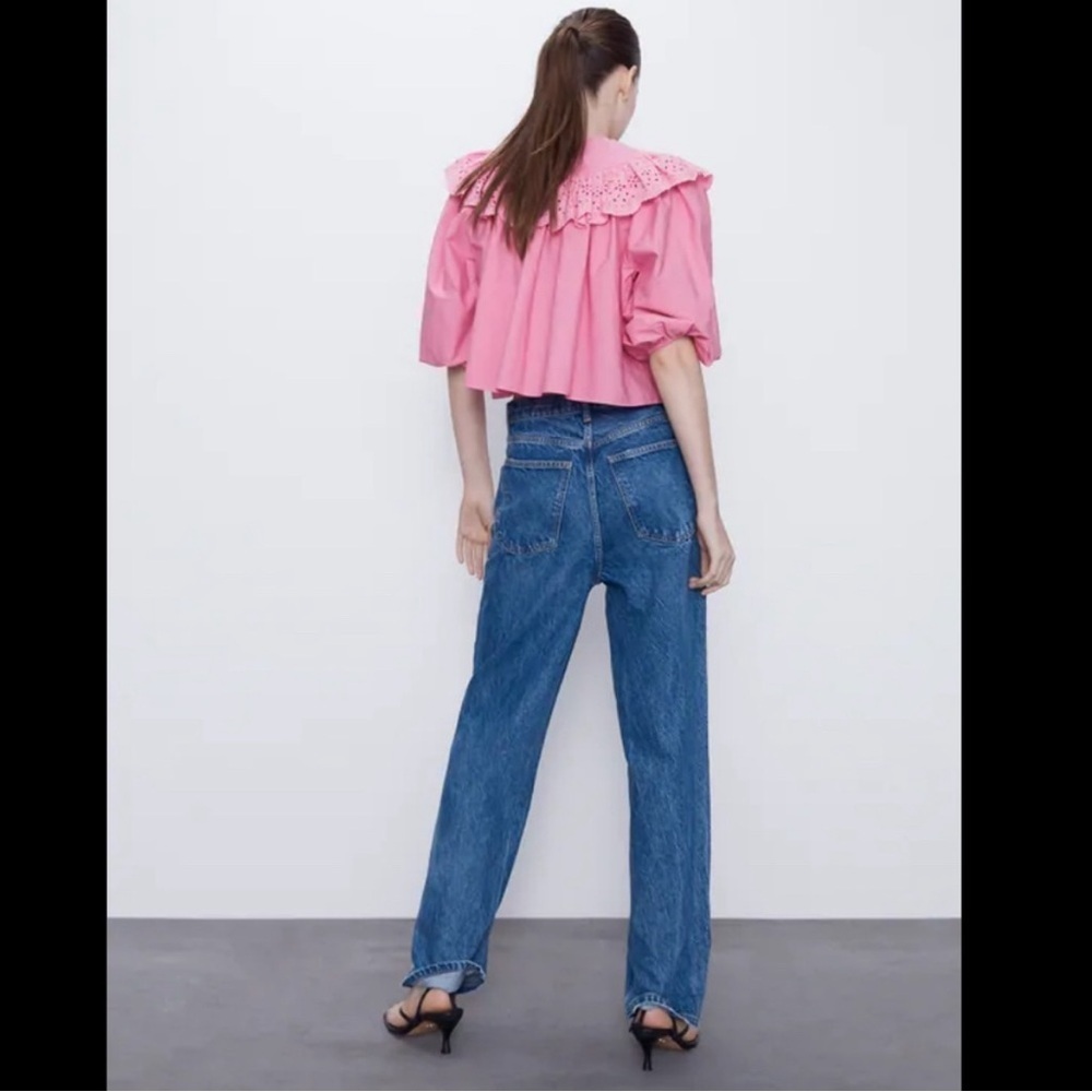 ZARA Eyelet Frilled Poplin Blouse Top Pink XSMALL Balloon Sleeve Women’s NEW - Picture 11 of 16